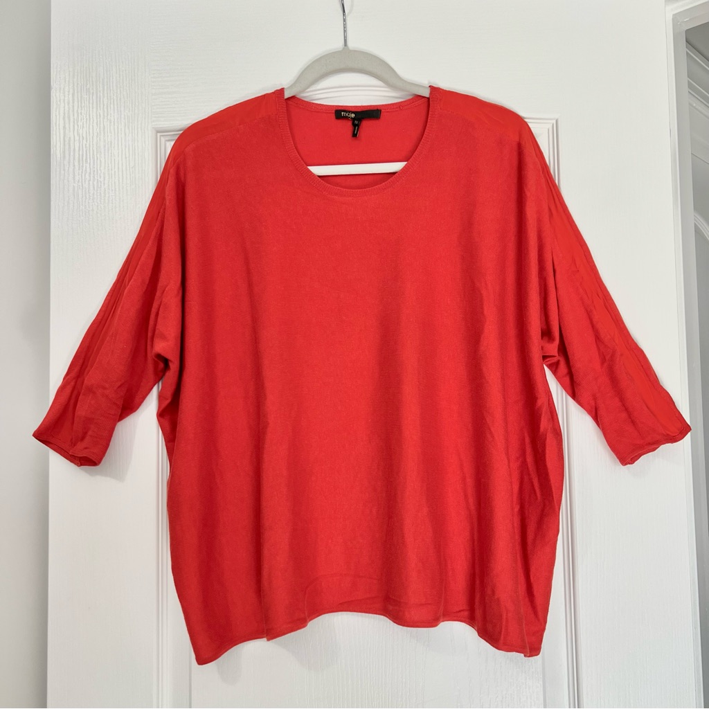 Maje Coral Red Cashmere Silk Blend 3/4 Sleeve Scoop Neck Sweater